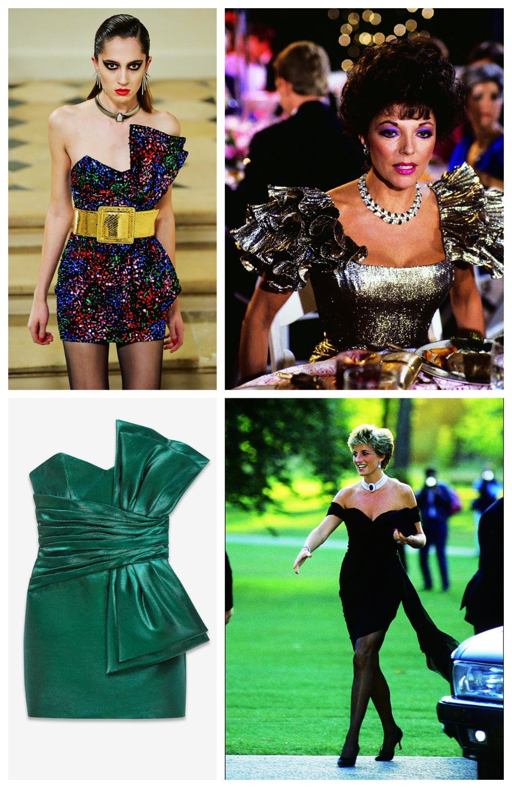 A un lado, la nueva colección Saint Laurent. Al otro, Joan Collins en Dinastía y Lady Di. Ya lo ves, los 80 vuelven a la primera fila fashion. No te cortes con el brillo, la mini y la desmesura.