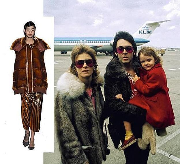 Stella MacCartney en los brazos de su padre, Paul MacCartney, y junto a su madre, Linda.