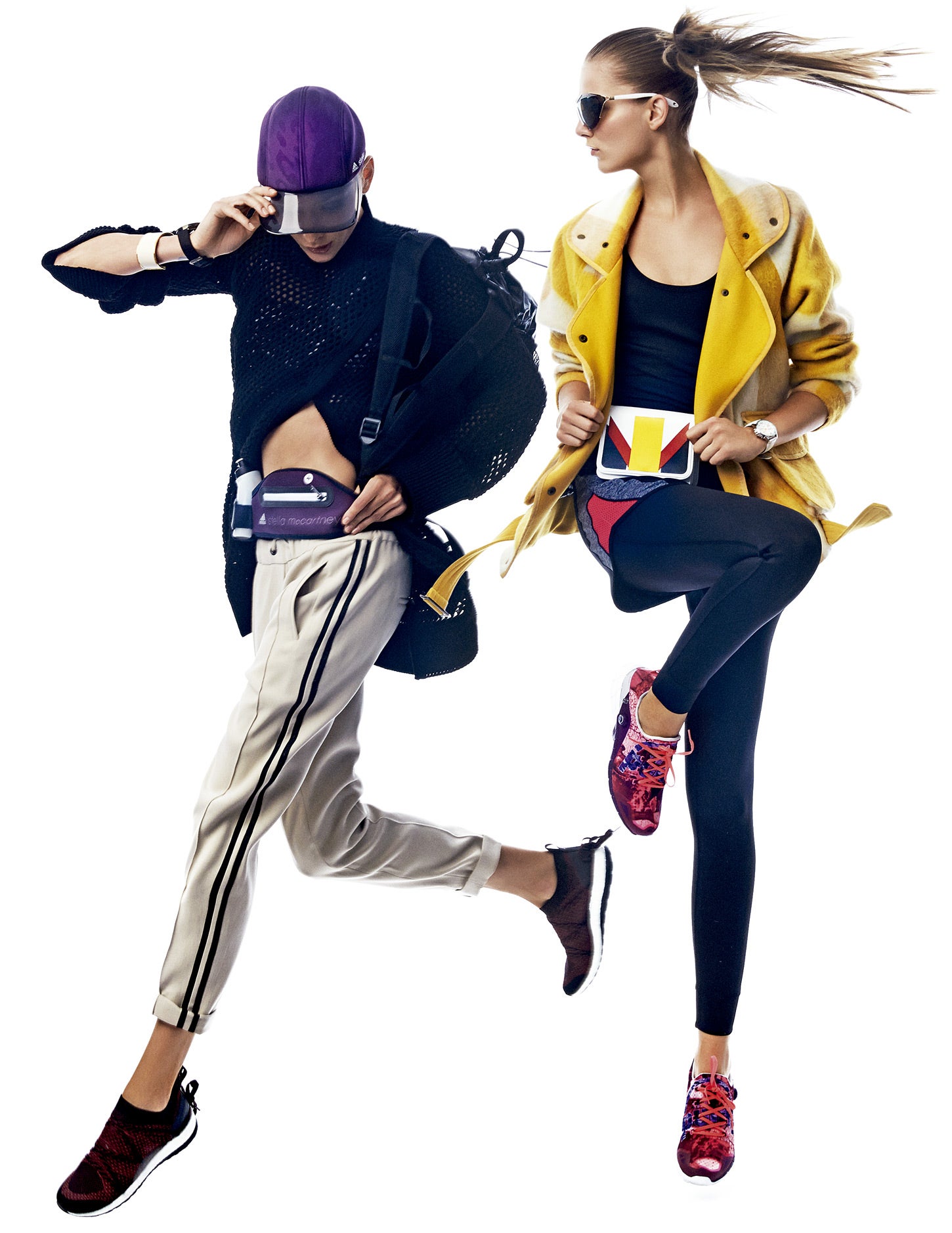 A la izq., top de Tezenis y chaqueta de rejilla, de Sportmax. Pantalón de Brunello Cucinelli. Zapatillas, riñonera, mochila y gorra de Stella McCartney para Adidas. Brazalete de Hermès y reloj de Viceroy . A la dcha., chaqueta de Desigual, mono de neopreno y zapatillas de Reebok. Short de Calzedonia , reloj de Viceroy y riñonera de Oswald. Estilismo: José Herrera. Maquillaje: LOréal Paris. Peluquería: Leo Pereira para Redken. Asistente de estilismo: Fran Jymz y Samuel Sanz. Asistente de fotografía: Yamel Jaltota.