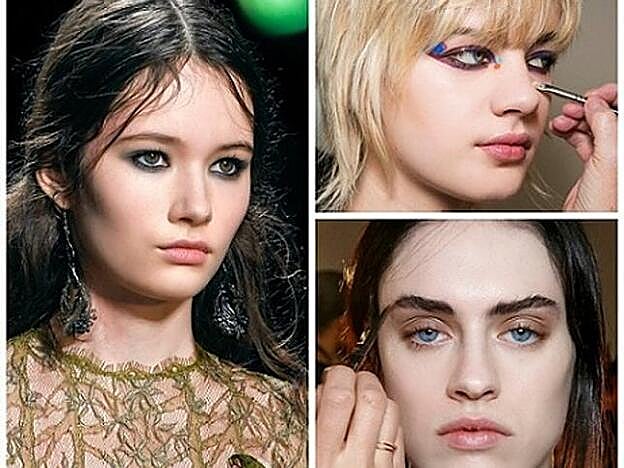 Ahumado que combina negro y gris en el desfile de Ferretti. Maquillado "ojos de gata" adornado con detalles de fantasía para Fendi. Sombreado amplio en beige goloso en la modelo de Boss