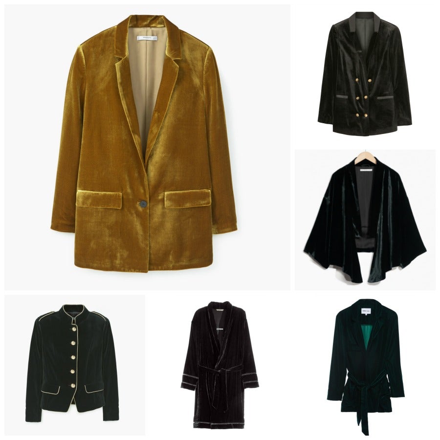 Algunas de las blazer favoritas de la temporada, de izquierda a derecha y de arriba a abajo: en tono ocre firmada por Mango (Precio: 79.99 euros), con botonadura dorada de Pull and Bear (CPV), a modo de kimono, de Zana Bayne para &Other Stories (Precio: 145 euros); de estilo militar, de Mango (Precio: 79.99 euros); en versión larga de H&M (Precio: 38.99 euros) y tipo batín de Bimba y Lola (Precio: 187 euros).