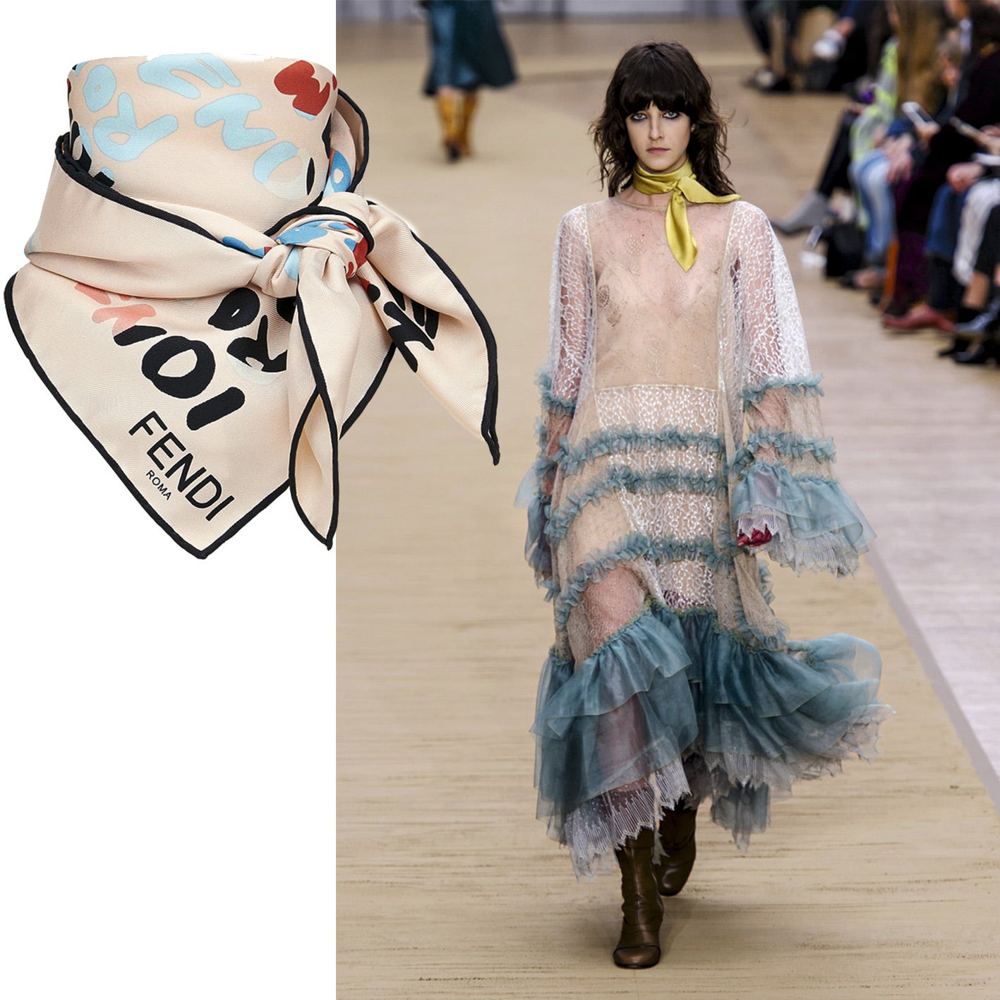 Si en primavera y verano se subieron a la cabeza a modo de turbantes o diademas, en otoño los pañuelos recortan dimensiones y se ajustan al cuello en una compleja mezcla años 50, hippy años 70, cowgirl atemporal y hasta gaucha argentina. Chloé lo borda en su desfile.