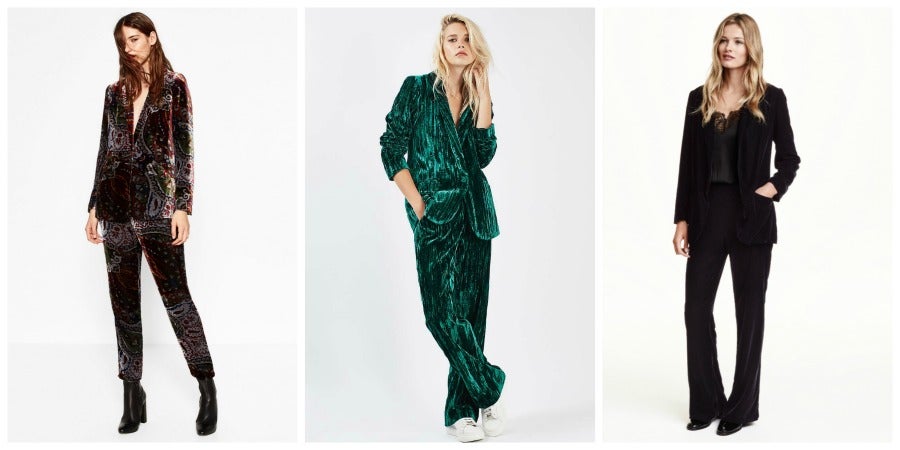Tres versiones diferentes de llevar un traje de terciopelo este otoño: la de Zara con dibujos tipo paisley (Precio: 79.95 euros la chaqueta y 49.95 euros el pantalón), en verde por obra y gracia de Topshop (Precio: 76 euros); y el modelo de H&M en color negro (Precio: 19.99 euros el pantalón)