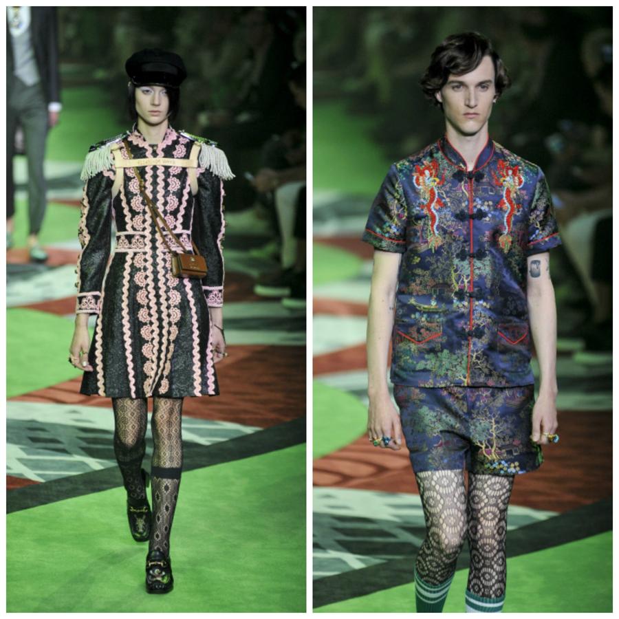 Gucci viste a las mujeres con medias, pero también a los hombres, que llevan bermudas y se resguardan del frío con modelos de fantasía.