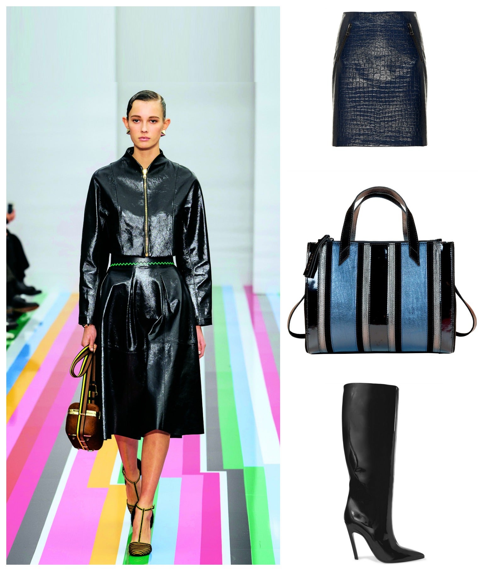 Sí, vuelve el cuero... si es que alguna vez se fue. Y no lo hace como nos tiene acostumbrados, como un material exclusivo para las chicas malas que adoran las cazadoras perfecto y las botas infinitas de cat woman. Este vez vuelve en versión lady, elegante, femenino y apto para todos los días. De hecho, nuestra apuesta para este otoño es en charol, para que lo incluyas en tus looks de oficina, con gabardinas en tonos caqui, faldas de tubo con un twist en cocodrilo o en trajes de chaqueta con falda midi (como proponen en el desfile de Salvatore Ferragamo). ¿Y qué pasa con los accesorios? Triunfarás si lo llevas en botas de tacón ultrafemeninas o en bolsos con detalles metalizados. El cuero será tu segunda piel. (Malparmi Beatrice b Balenciaga Ferragamo)