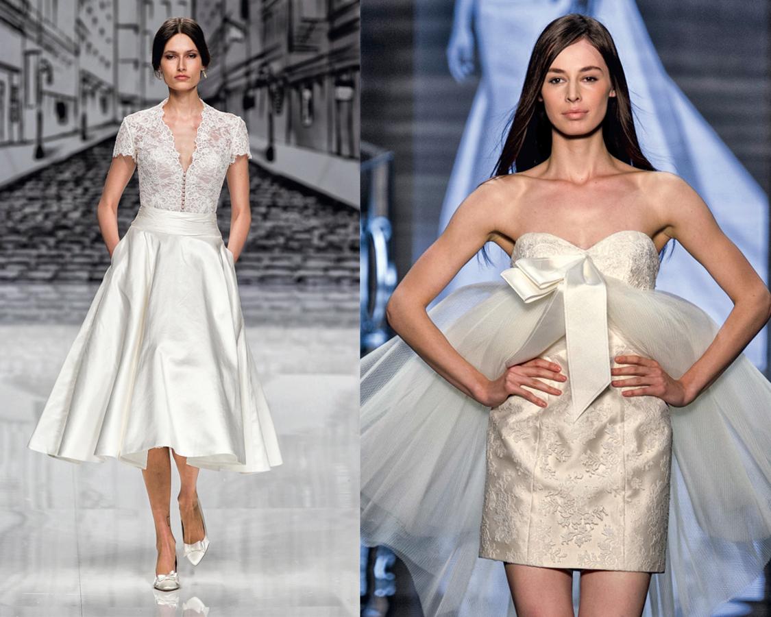 Menos aparatoso que el traje largo, las pasarelas se llenan de vestidos cortos para las que buscan un estilo más casual. De izquierda a derecha: Justin Alexander y Antonio Riva.