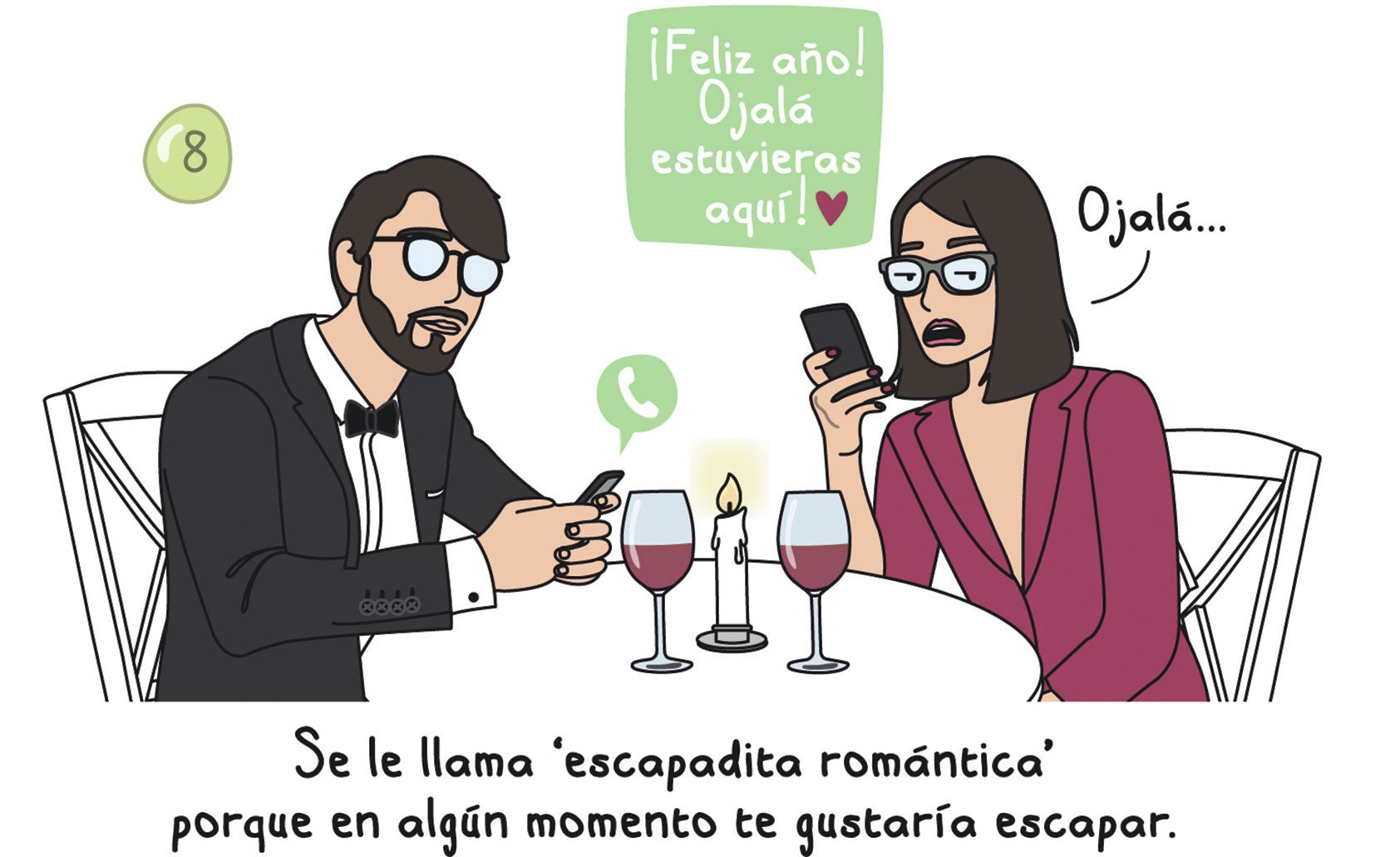 Ese beso cuando la última aguja del reloj cruza la frontera de las 12. Sí, ese... Ese maldito beso inmortalizado en un sinfín de películas y series (te odio Hollywood) nos llevó un año muy optimista a querer pasar la Nochevieja abrazados bajo la vaporosa luz de una chimenea. Lo que nadie te cuenta es que la velada nunca es tan exclusiva como planeaste porque te empieza a llamar gente con la que ni siquiera sabías que compartías árbol genealógico. A saber: conocidos de lejanísimas parrandas (tan lejanas que utilizabas la palabra parranda), tu madre llorando porque no estás, un exnovio borracho, una amiga que llora por su exnovio... Pero el beso lo tienes, eso sí.