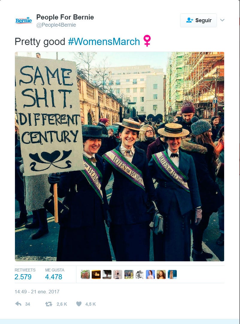 Visto en Twitter: mujeres con vestimenta antigua con un cartel que reza: ""Misma miierda, diferente siglo".