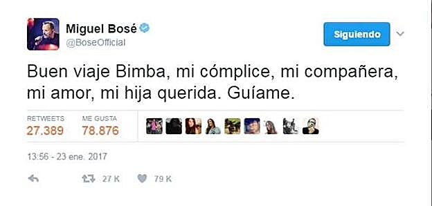 Este es el tuit de Miguel poco después de conocerse que Bimba Bosé nos había dejado a los 41 años.