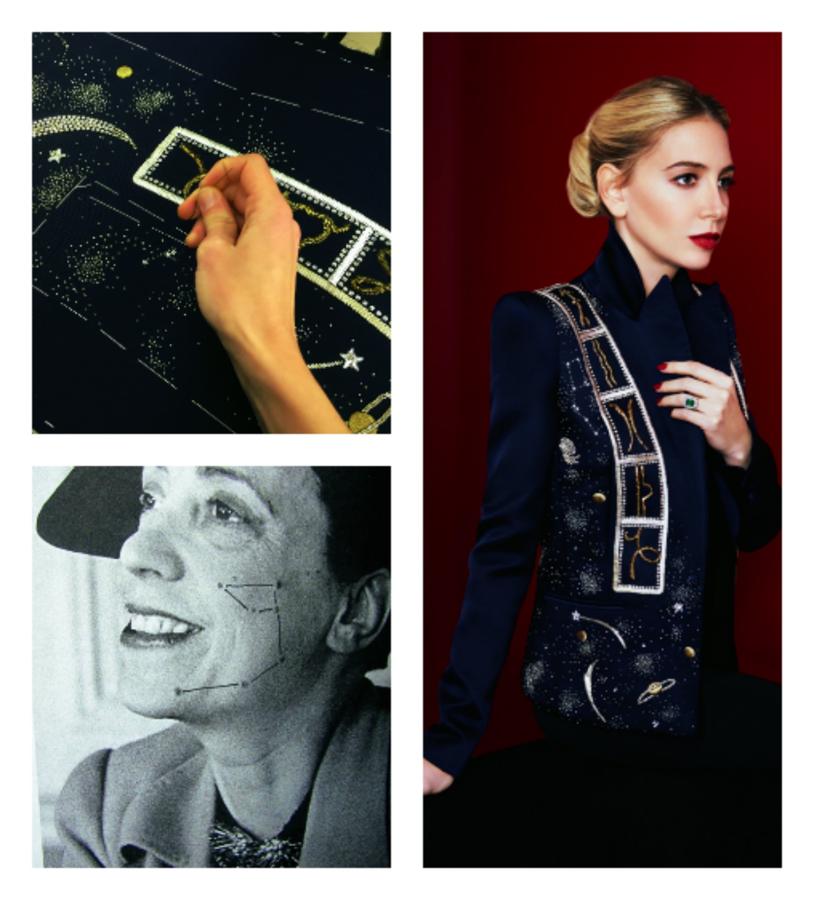 Elsa schiaparelli (1890-1973) fue pionera en crear colecciones temáticas. La primera, para el invierno de 1938/39, se llamó Zodiac y fue un homenaje al universo con un transfondo muy personal: su tío, el astrónomo Giovanni Schiaparelli, decía que los lunares que tenía en la cara la diseñadora parecían la Osa Mayor. Ahora, el director creativo de la firma, Bertrand Guyon, recupera esas piezas emblemáticas. La primera: la chaqueta Zodiac, con las constelaciones bordadas, que luce la diseñadora de joyas Sabine Getty.