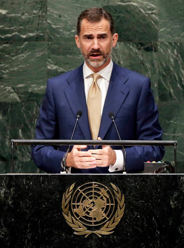 El Rey Felipe, durante un discurso en la Sede de las Naciones Unidas en 2014.