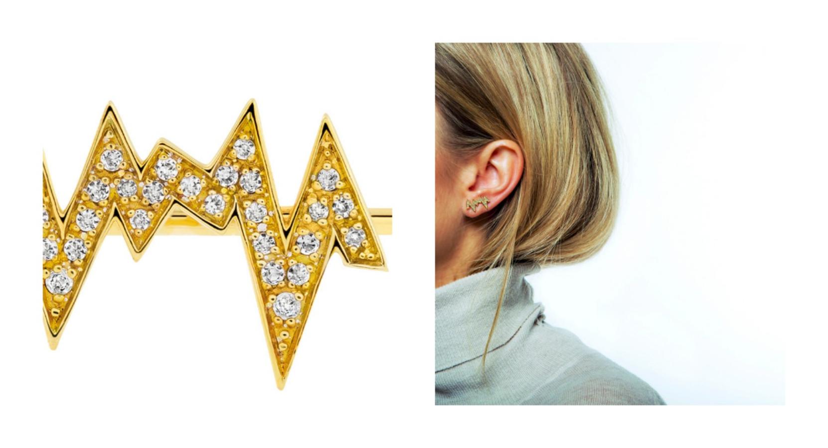 La nueva joya de Aristocrazy, el pendiente Beat, nos encanta porque representa en un gráfico la onda sonora de una frase deberíamos decir más a menudo: "Te quiero". Creada en plata bañada en oro con topacios blancos (65 ¬), la marca quiere que la lleves muy cerca del oido.