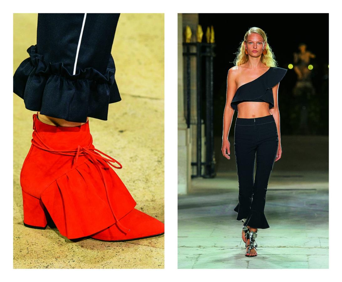 Habituales en faldas, vestidos, jerséis, chaquetas y hasta zapatos, los volantes son, sin embargo, muy poco habituales en los pantalones. Pero parece que eso se ha acabado: esta primavera los de firmas como Isabel Marant, Marques Almeida o Mother of Pearl se rematan con originales volantes en los bajos.