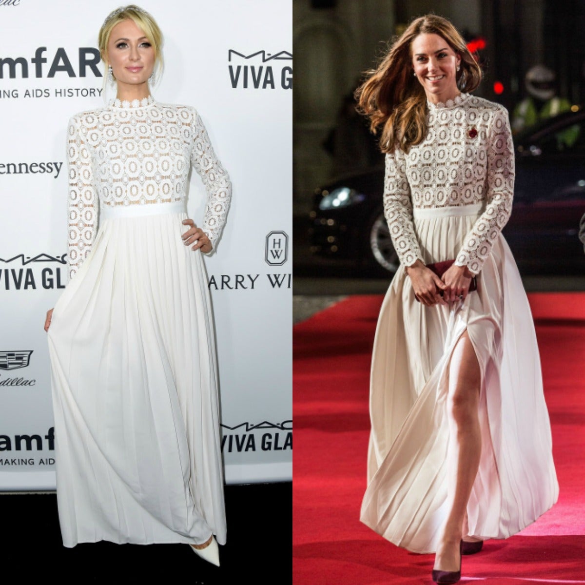 En noviembre de 2016, Kate Middleton deslumbró en una premiere en Londres con un diseño de estilo nupcial de Self-Portrait con el que derrochó estilo, justo el mismo vestido que Paris Hilton había lucido en la Gala amfAR en Los Angeles el 27 de octubre de ese mismo año.