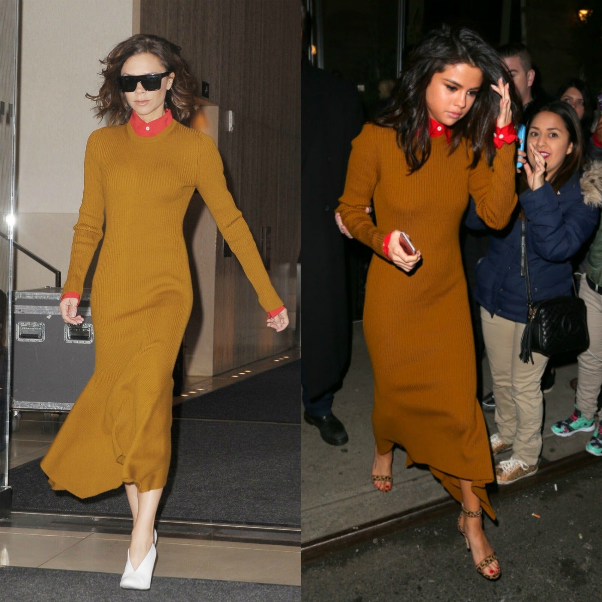 Selena Gomez le copió el look al Victoria Beckham sin miramientos: misma blusa y mismo vestido, ambos de la colección Pre-fall de Victoria Beckham de 2017. La única diferencia estaba en los zapatos, que la cantante cambió el diseño abotinado de Beckham por unas sandalias de pulsera de Gianvito Rossi