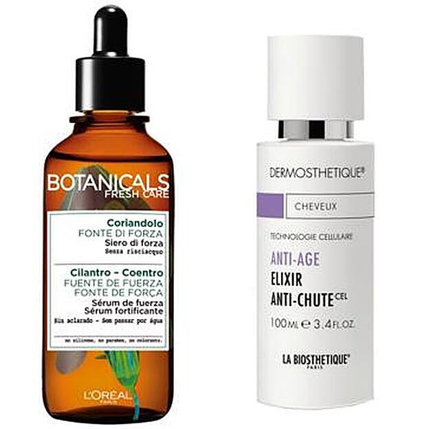 Botanicals Fresh Care Cilantro Poción de Fuerza de L´Oréal Paris (7,99 euros). Elixir Anti-Chute Tratamiento de Acción Duradera de La Biosthetique (55,50 euros).