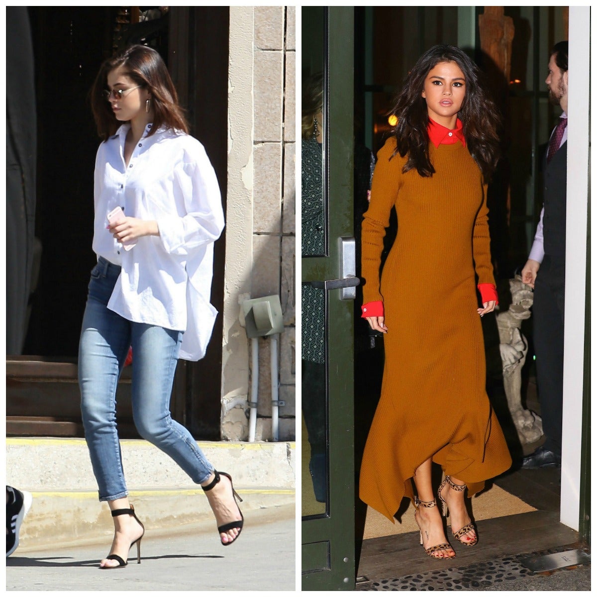 De Gianvito Rossi son las sandalias de pulsera negras y con estampado animal que ha lucido últimamente Selena Gomez, que se pueden conseguir en la web de la firma por 615 euros.