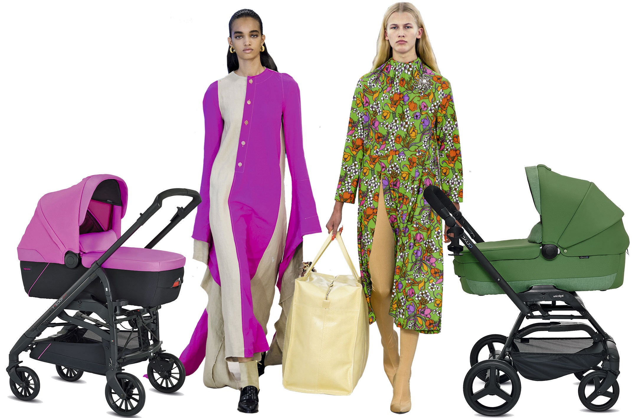 Los carritos de bebé no son ajenos a las tendencias. Y para muestra, los nuevos modelos de Inglesina en los colores de la temporada. En rosa, el Trilogy City es perfecto para la ciudad, con el sistema estrella de la marca, un tres en uno modular que lo convierte en la mejor elección para las urbanitas más fashion. ¿Eres más de greenery? Elige el modelo Quad, el carrito todoterreno. (Balenciaga, Loewe).