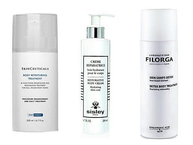Body Retexturing Treatment de SkinCeuticals (71 euros). Crème Reparatrice Soin Hydratant pour le Corps de Sisley (123 euros). Detox Body Treatment de Filorga (30 euros).