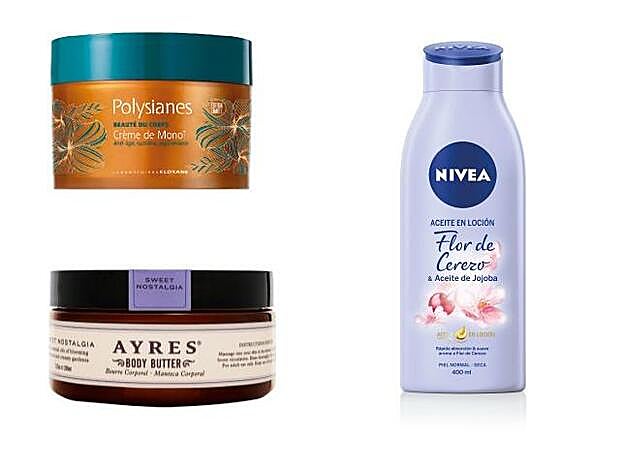 Polysianes Beauté de Corps Crème de Monoï de Klorane (20,61 euros). Sweet Nostalgia Body Butter de Ayres (27,95 euros). Exclusiva en Sephora. Aceite en Loción Flor de Cerezo & Aceite de Jojoba de Nivea (5,99 euros)