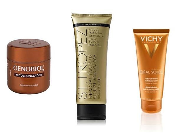 Autobronceador de Oenobiol (21,07 euros). Gradual Tan Body Sculpt and Glow de St. Tropez (28 euros). Idéal Soleil Leche Autobronceadora de Vichy (16 euros).