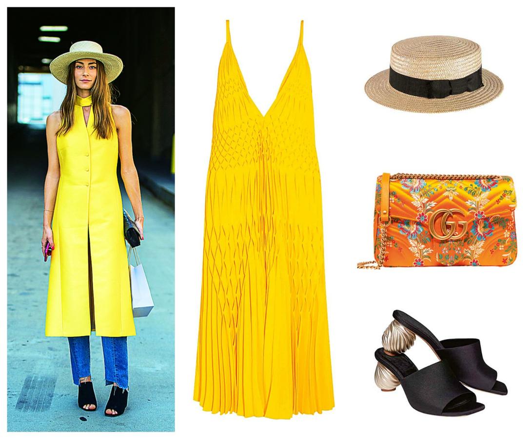 El color más optimista no solo es para la playa. Lúcelo en la ciudad con zuecos y canotier. Haider Ackermann, Intropia, Gucci y H&M.