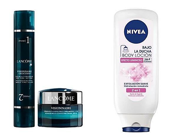 Visionnaire Crescendo Progressive Night Peel de Lancôme (79 €). Bajo la Ducha Loción Efecto Luminoso Exfoliación Suave 2 en 1 de Nivea (4,49 €).