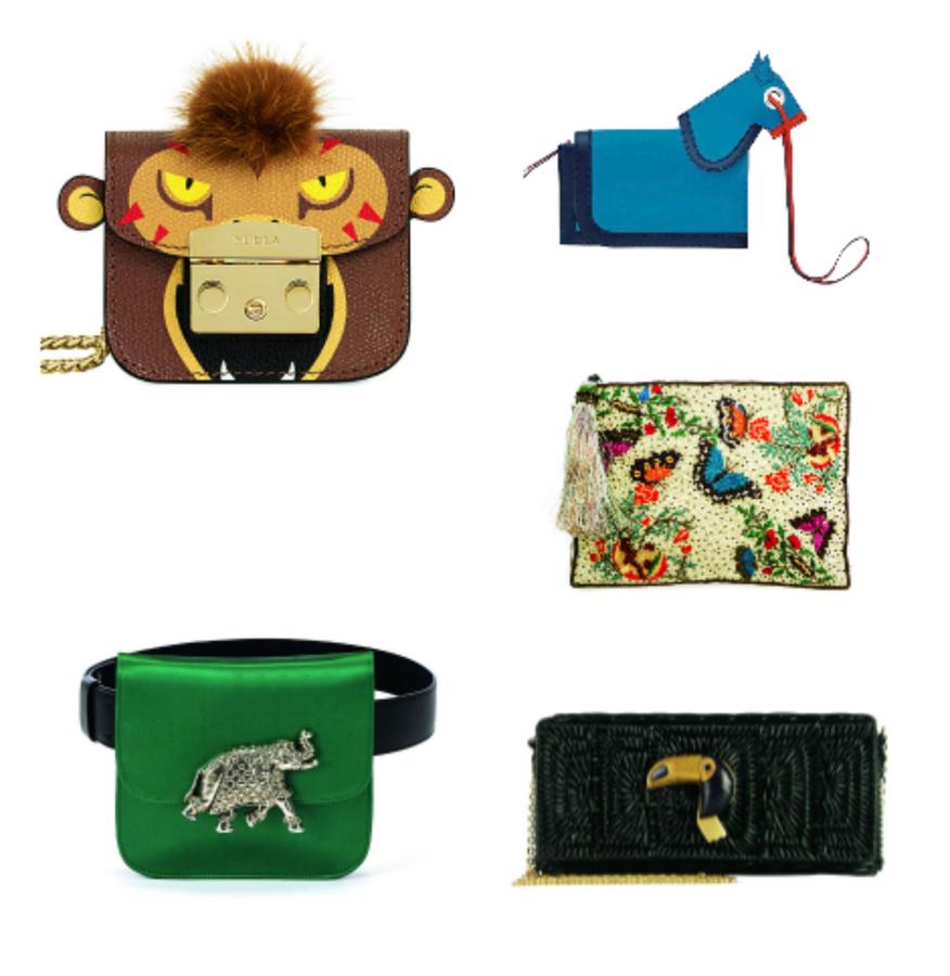 El reino animal al completo se ha adueñado de los últimos diseños de bolsos. Los tienes con la forma del animal (como los elefantes y osos de Loewe o el caballo de Hermés), con figuras incorporadas en relieve (como los diseños de Armani, Furla, Intropia...), con bordados (Alibey, Mango... ) o con estampaciones (Reliquiae, Givenchy...). Ya sabes, lleva la fauna contigo. Fendi, E. Armani, Hermés, Albey e Intropia.