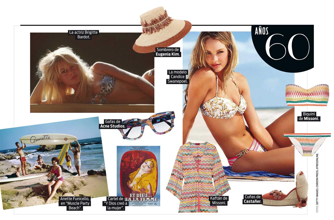 Surf y beach party. Se instala una cultura de playa: en torno al surf californiano, y también con las fiestas juveniles. Regresa EL Biquini. La francesa Brigitte Bardot y su inocencia carnal se imponen en la misma medida en que ahora vuelve el biquini y la libertad corporal. Estampados florales y op-art proliferan en tejidos más aislantes: nylon y lycra.