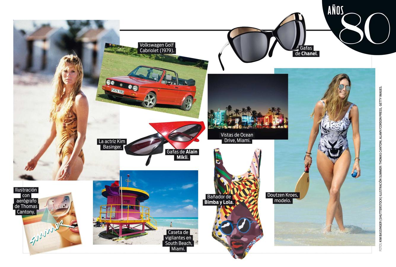 Lo disco en la playa. Sorprender y epatar: los 80 es la década de las rupturas formales, el triunfo de lo posmoderno y las mujeres felinas, sin miedo. El sintético llamativo. Hoy como entonces, la cultura se perfila flúo y neobarroca. Todo tiene apariencia pulida y brillante, como el aerógrafo lacado y Miami.