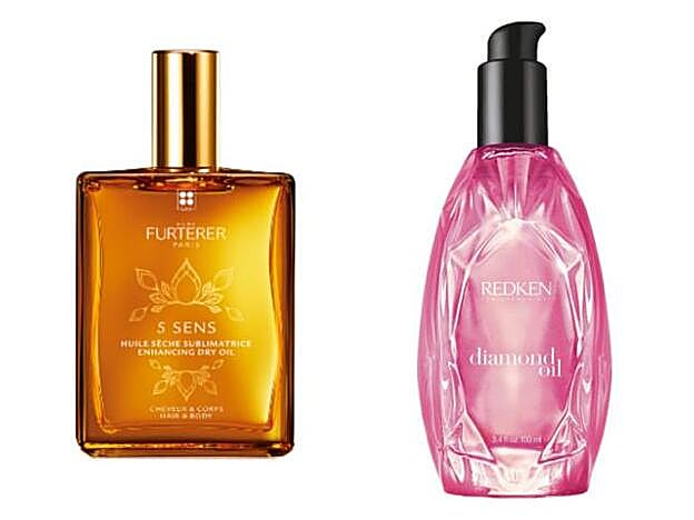 5 Sens Aceite Seco Sublimador de Cabello y Cuerpo de René Furterer (25 euros). Aceite Diamond Oil Glow Dry de Redken (41 euros).