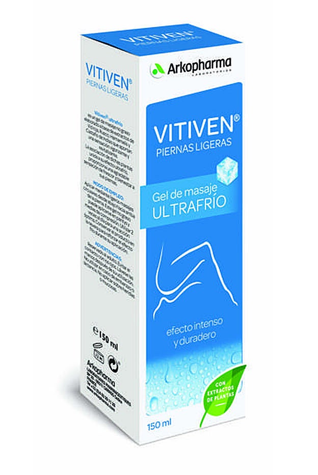 Vitiven Gel de Masaje Ultrafío de Arkopharma. Gel de masaje no graso elaborado a base de extractos de Vid roja, Rusco, Hamamelis y Castaño de Indias. Una ayuda imprescindible para hacer frente a los síntomas de las piernas cansadas (pesadez, hinchazón y dolor). Aplicar mediante ligeros masajes circulares desde abajo hacia arriba de la pierna. (9,50 €)