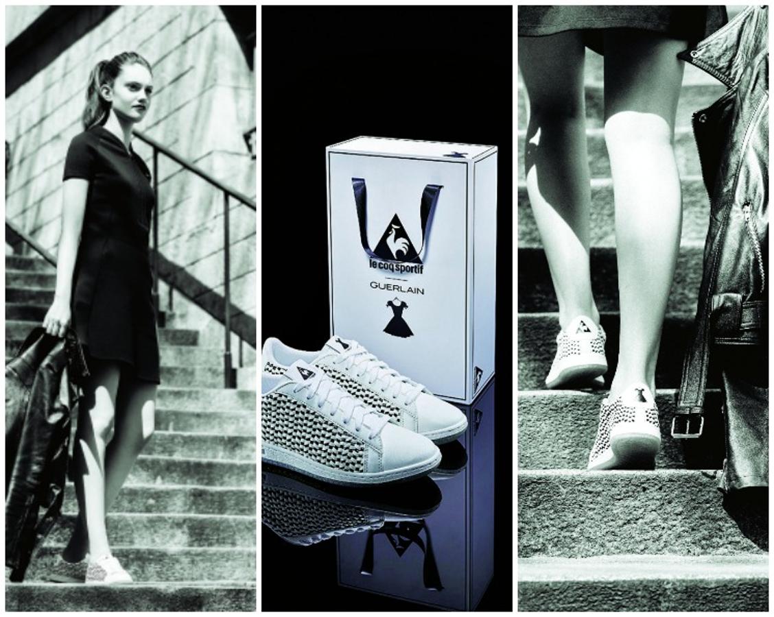 La firma Le Coq Sportif se ha inspirado en la fragancia de Le Petit Robe Noir de Guerlain para el diseño de unas zapatillas. Una edición limitada del modelo Arthur Ashe de la marca deportiva, con tiras de piel trenzada que crean un efecto geométrico. Se venden en las tiendas de Le Coq Sportif.