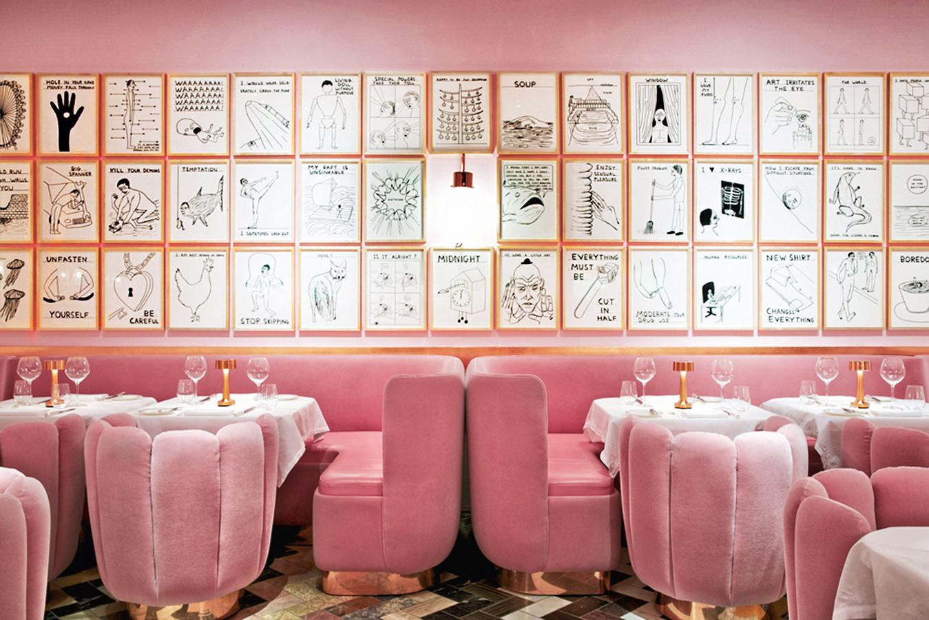 La francesa India Mahdavi llenó de color el restaurante Sketch de Londres con dibujos de David Shrigley. sketch.london.