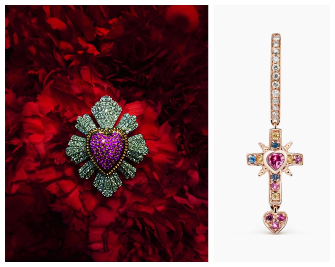 Suarez rinde homenaje a la pintora mexicana con una colección en oro rosa y zafiros multicolor, Los amuletos de Frida. Las piezas están inspiradas en la cultura del país de Kahlo y en la ironía de homenajear a los muertos como celebración de la vida. Pendientes, anillos y broches en los que late el alma de la artista. www.joyeriasuarez.com. Broche y pendientes de la colección Los amuletos de Frida.