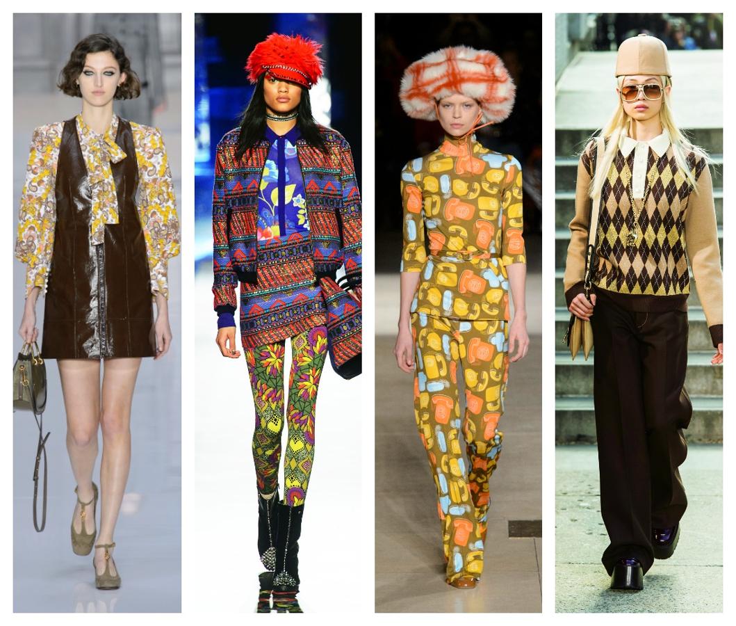 Las pasarelas han hecho un guiño más que evidente a la década de los 70, con las flores,, los rombos y los tonos marrones y amarillos como protagonistas. Las plataformas y los sombreros de pelo serán los accesorios fetiche en este flashback. Chloé, Desigual, Miu Miu, Marc Jacobs.