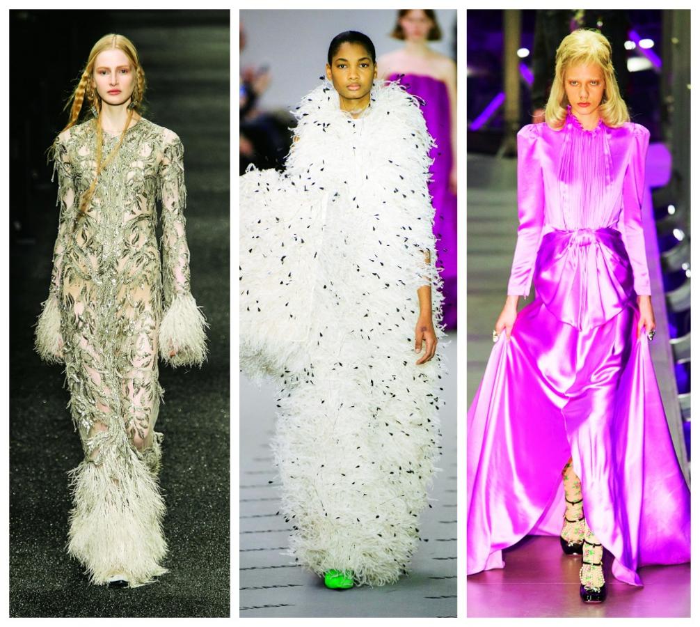 La sofisticación también tiene su hueco este otoño. Vestidos largos, de raso vibrante, aplicaciones metalizadas y muchas plumas. Siéntete como una estrella de cine. Alexander MacQueen, Balenciaga, Gucci.
