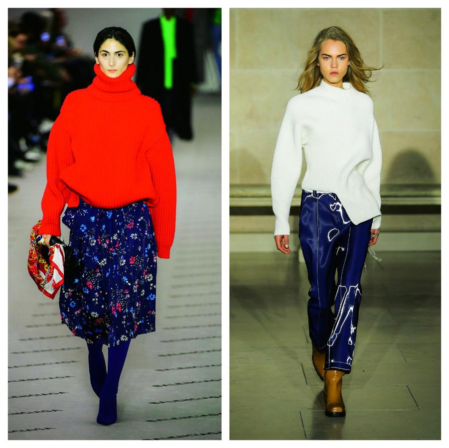 De punto grueso, en color o en tonos crudos, con cuello vuelto o a la caja, y casi todos en versión oversize. Los jerseys recuperan el protagonismo, con falda o pantalón, y auguran una temporada de los más confortable. Balenciaga, Louis Vuitton.