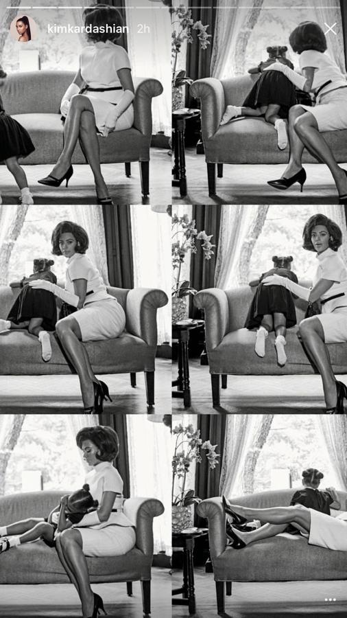 Un collage de fotos de Kim Kardashian con un vestido blanco, acompañada de su hija North West con un vestido de color negro.