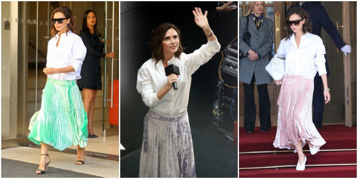 Pilsada y de terciopelo, así es la falda fetiche de Victoria Beckham por la que parece que siente obsesión. La primera vez que la lució fue el otoño pasado en color verde, durante un viaje a París estrenó un modelo rosa con la que se dejó fotografiar en la Torre Eiffel por su hijo Brooklyn Beckham y hace unos meses, en Japón, se enfundó la misma falda pero en color lila. Ya no está disponible en su web y en origen costaba 1475 euros.