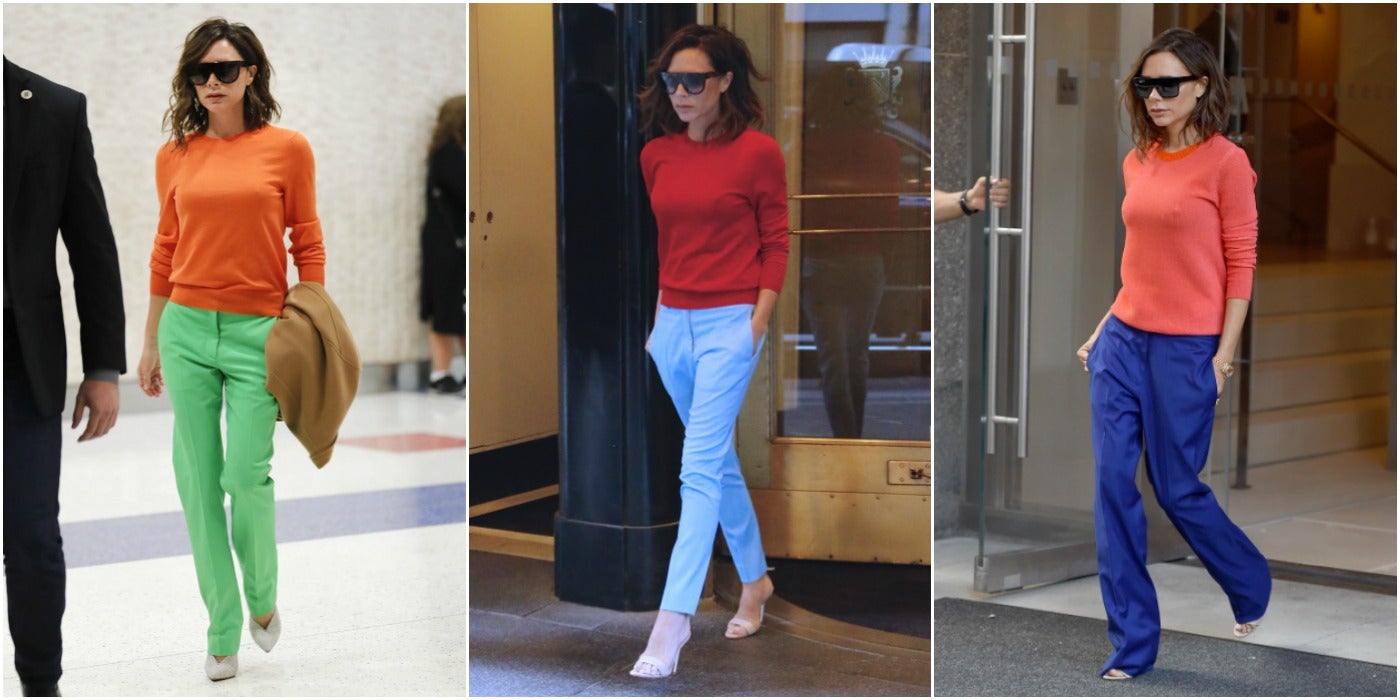 ¿Hay una combinación más sencilla y cómoda que la de un jersey y un pantalón de pinzas? A juzgar por lo mucho que repite este tipo de looks, no. Y para que no resulte aburrido siempre apuesta por colores muy vivos y sin estampados.