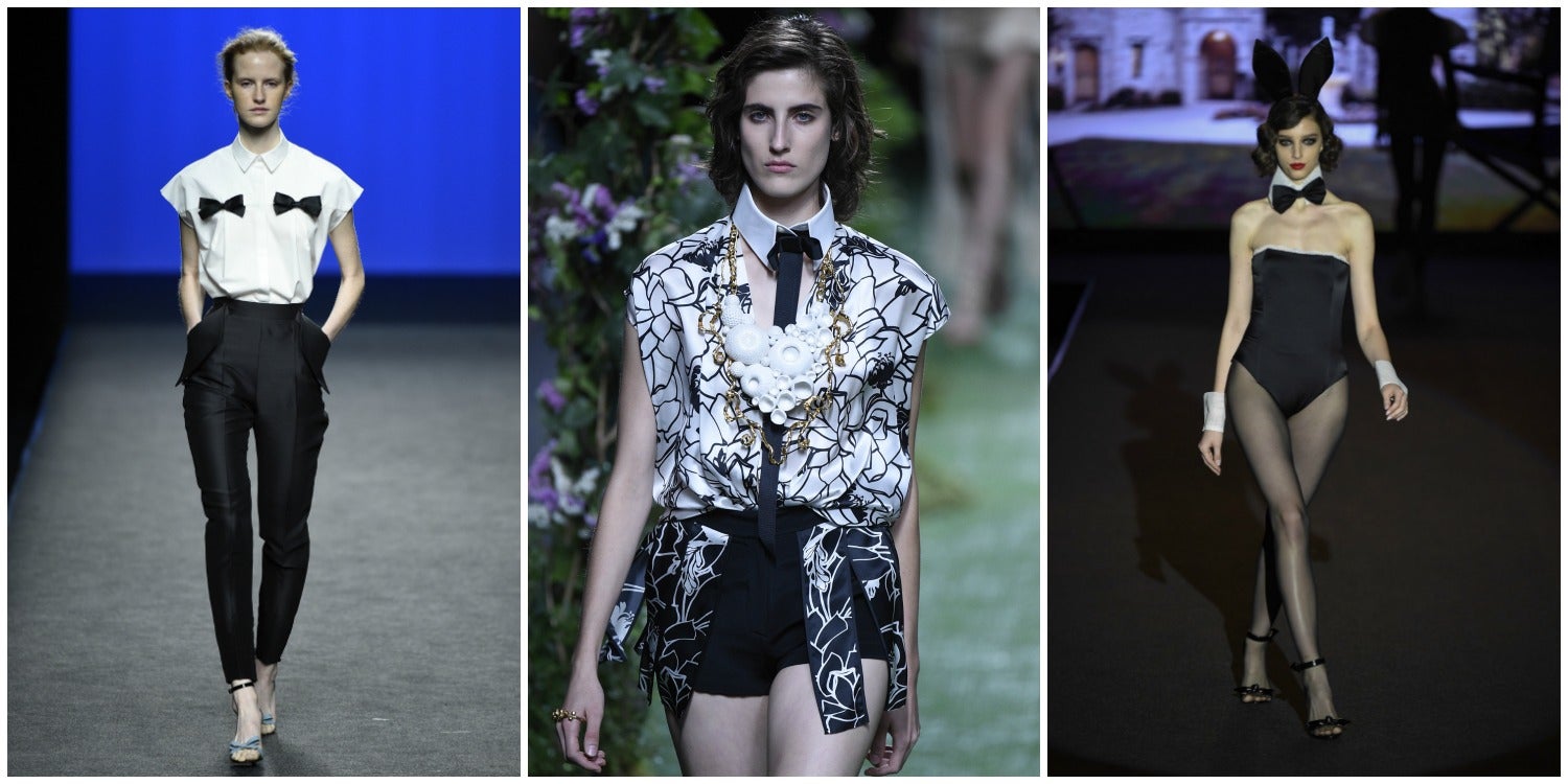 Los lazos y las pajaritas accesorizan los looks en blanco y negro de The 2nd Skin Co, Alvarno, con su homenaje a Karl Lagerfeld, e incluso Andres Sardá. Una forma sencilla de marcar la diferencia.