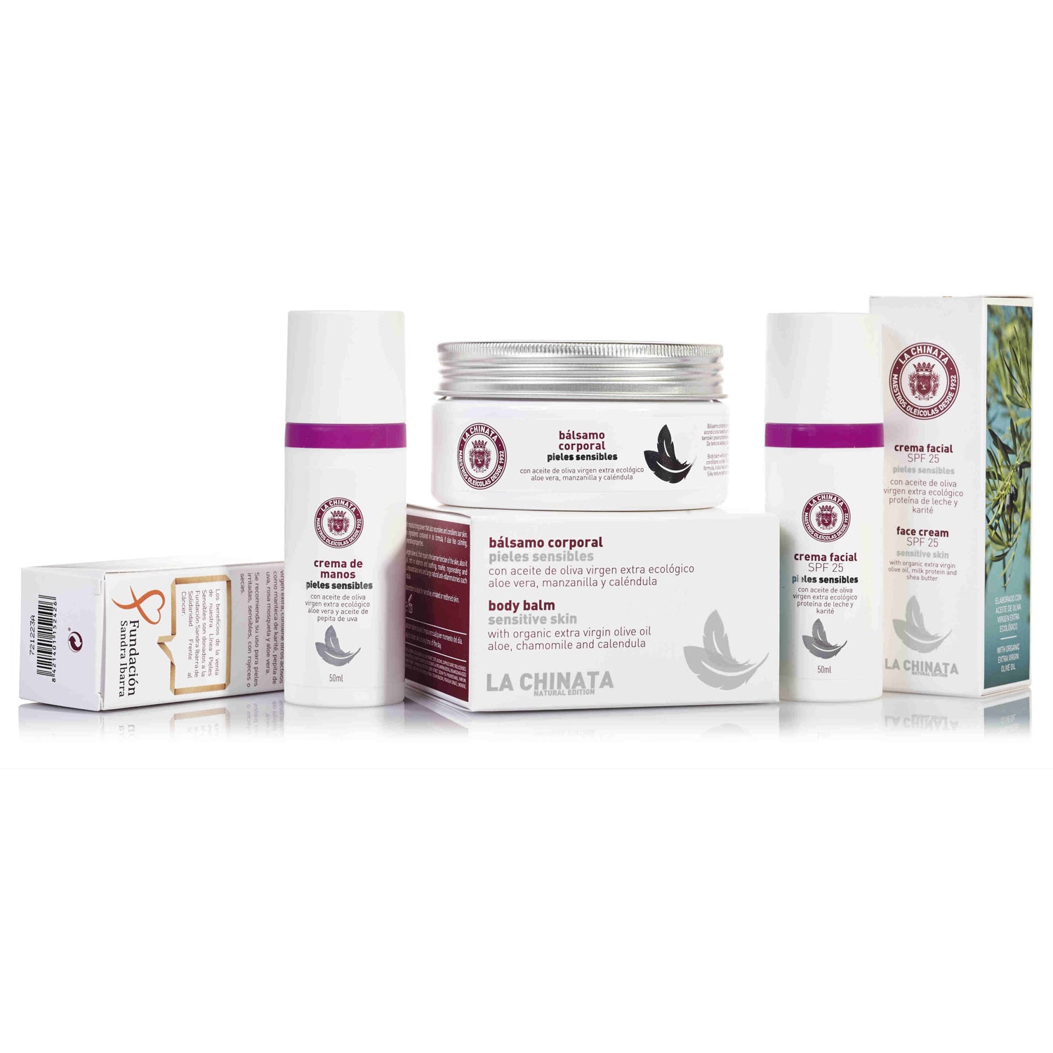 Línea de cosméticos elaborados con aceite de oliva virgen extra especialmente indicados para las pieles más sensibles. Todos los beneficios de la venta de estos productos estarán destinados a la Fundación Sandra Ibarra en su apoyo a la investigación, prevención y atención a pacientes y supervivientes de cáncer. (www.lachinata.es)