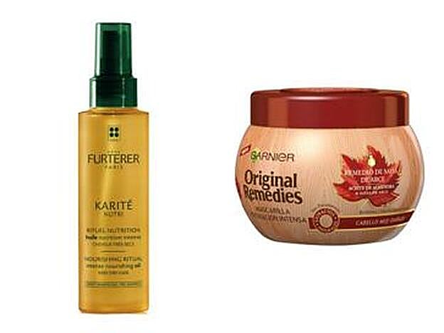 ¡Vivan los rizos! Karité Nutri Aceite de Nutrición Intensa René Furterer (33,90 euros). Original Remedies Remedio de Arce Mascarilla Reparación Intensa de Garnier (3,75 euros).