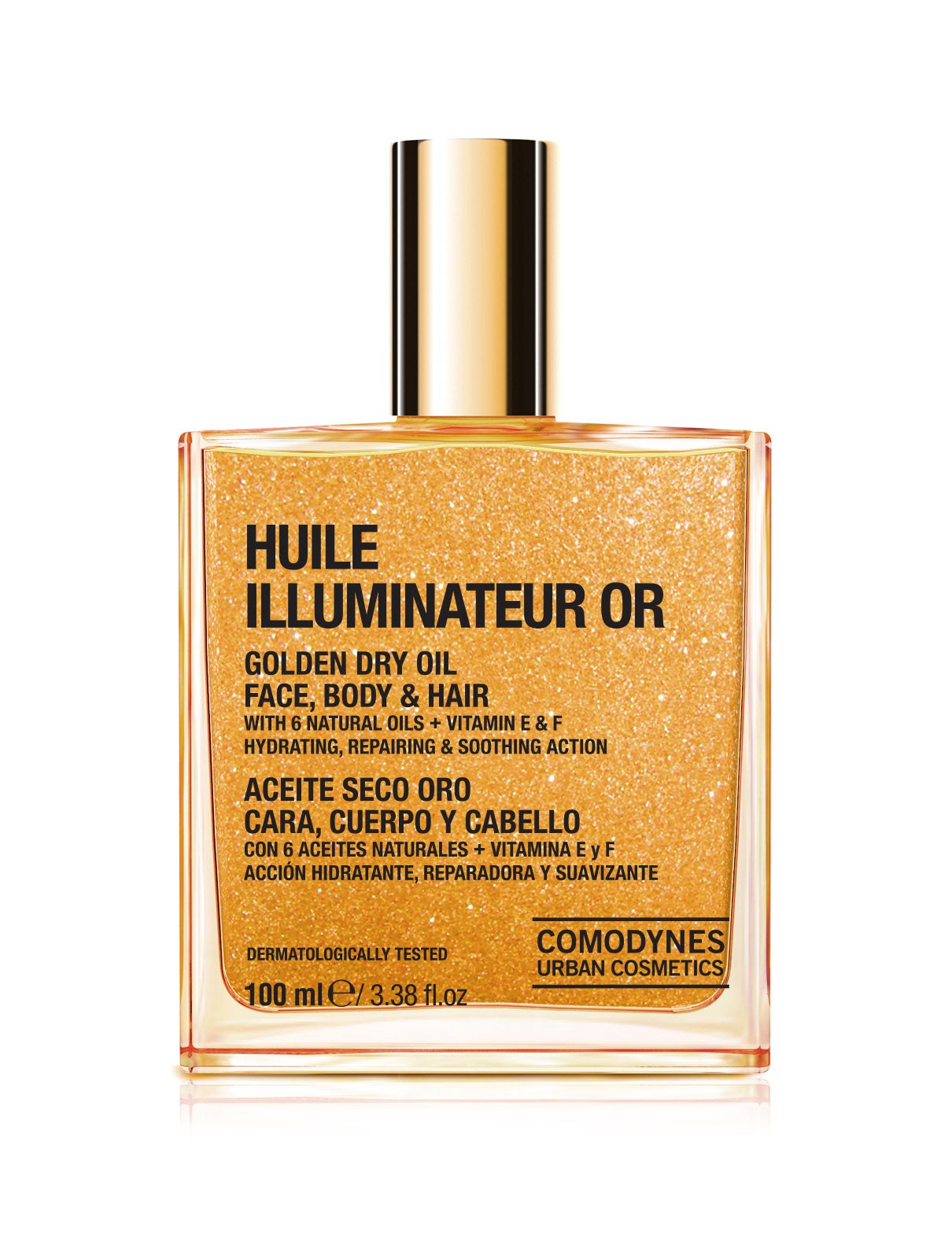 Este aceite seco aporta luminosidad al rostro, cuerpo y cabello gracias a sus partículas iridiscentes doradas. Hidrata, regenera y protege gracias al 97,75%  de ingredientes de origen natural. Es perfecto para rostro, pelo y cuerpo, y gracias a su textura en seco no deja residuo graso sobre la piel. (18€ de venta en farmacias, parafarmacias, perfumerías y venta online).