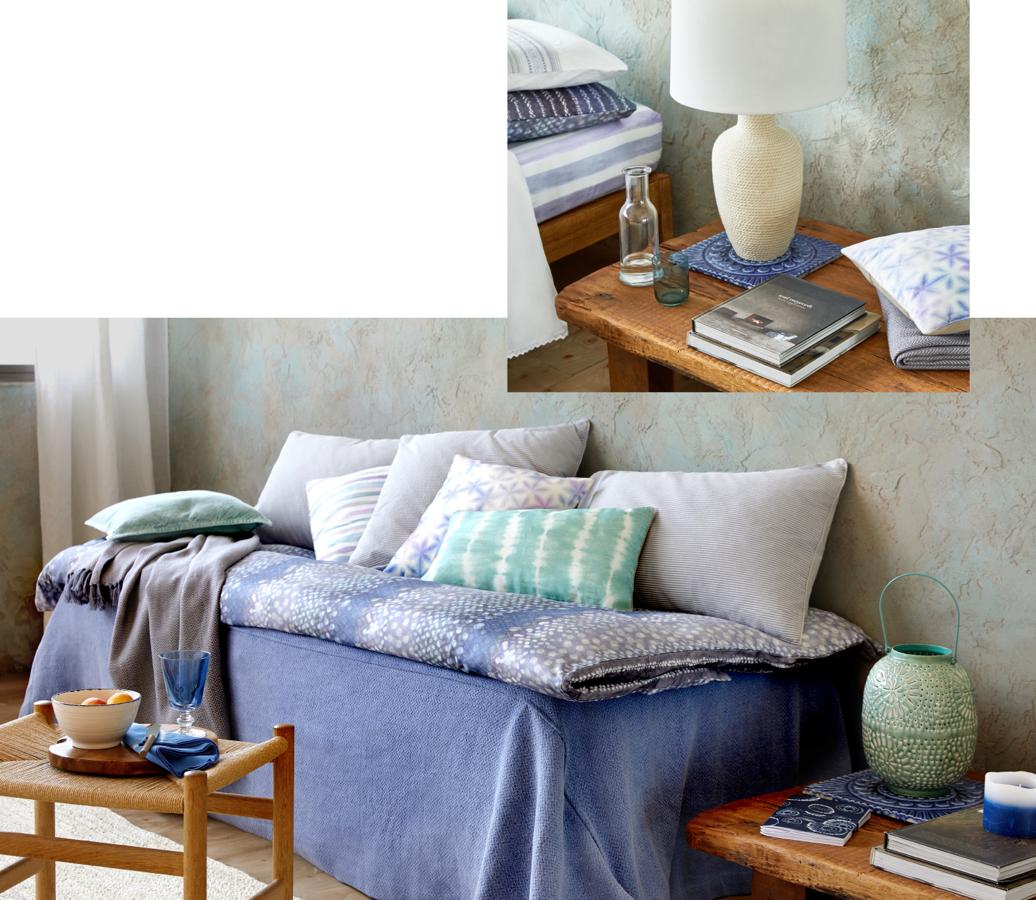 Dormitorio decorado con textiles 'ultraviolet', color Pantone de 2018 (Inspiración: Zara Home).