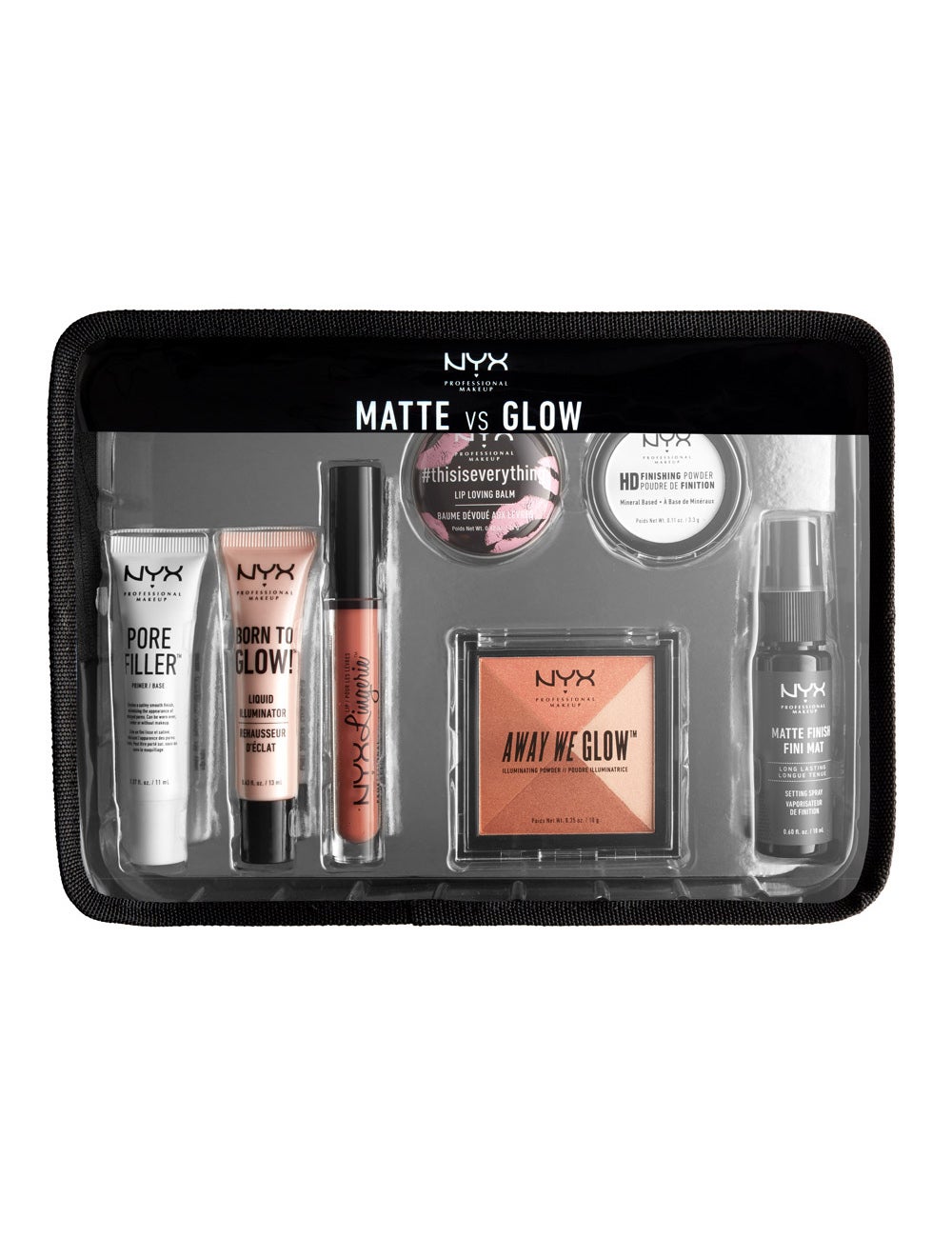 Kit Matte vs Glow de la colección Travel Kit de Navidad de NYX con diferentes productos para un acabado glow o mate: primer, labial, iluminador… (24,90€)