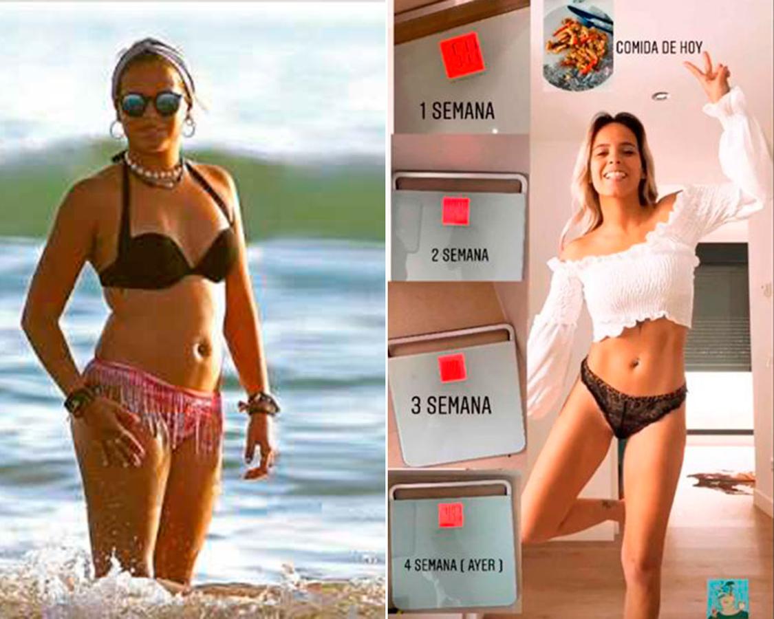 Gloria Camila Ortega en una imagen en 'Supervivientes', hace tres años, y otra en la cuarentena .