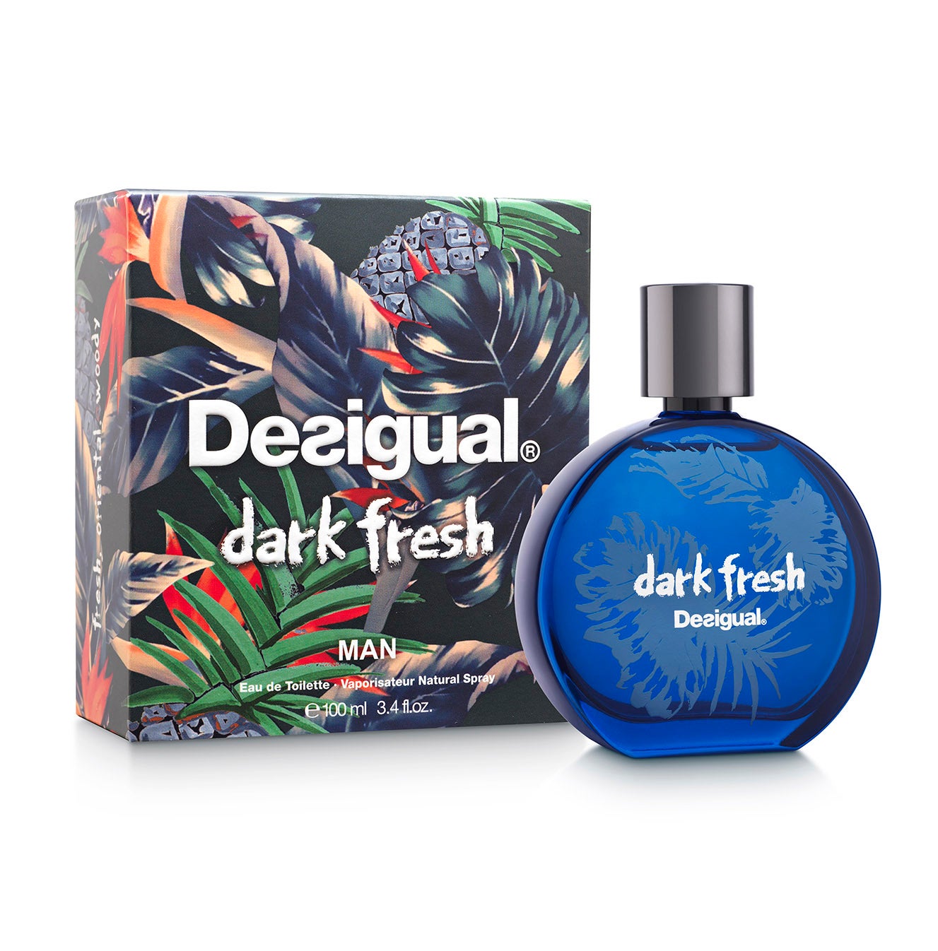 Desigual Dark Fresh para hombre. Fragancia con fuerte personalidad, con notas aromáticas y tónicas que revelan un fondo vibrante con toques de ámbar. (44€, 100 ml)