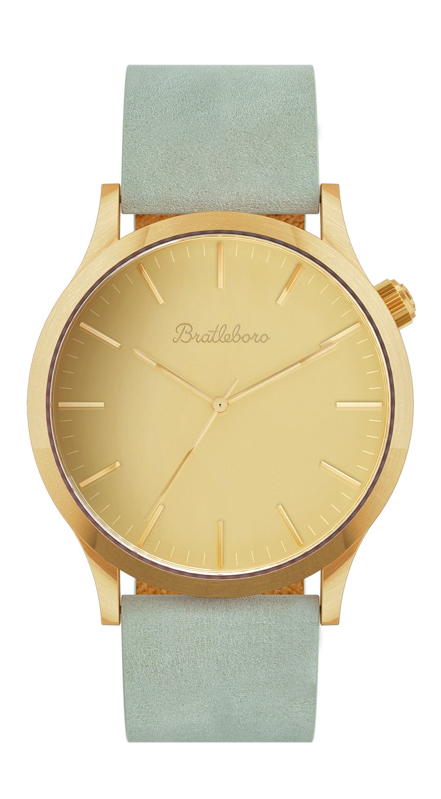 Con pulsera de ante y corona desplazada de Bratleboro.